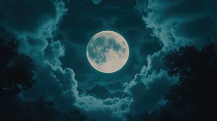 Majestic Full Moon Illuminating Night Sky Through Cloudy Landscape