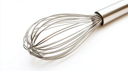 Close-up of a sleek, silver whisk against a stark white backdrop.