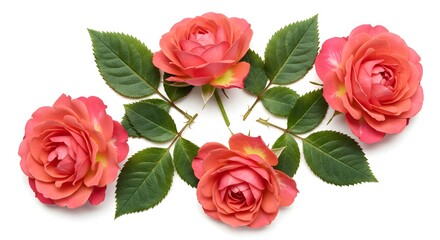 Elegant Roses and Green Leaves on a White Isolated Background