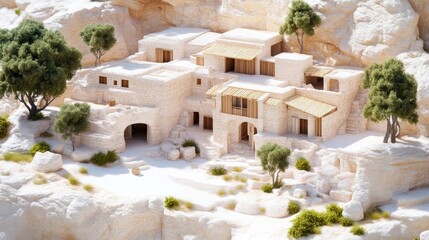 Desert village nestled in a canyon.  Sunlight bathes the light beige structures