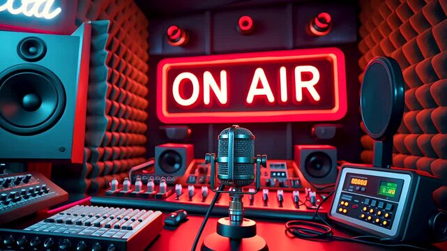 Professional radio broadcasting studio interior with glowing red on-air sign