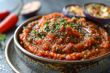 Macedonian Ajvar spread plated with roasted pepper gel swirl, eggplant crisp