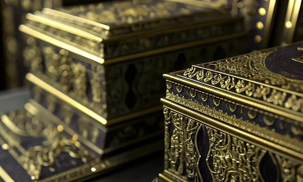 Ornately designed treasure boxes stacked together, showcasing intricate patterns and colors