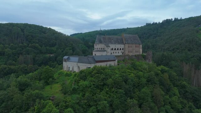 Orbital shot of the caste in the medieval town Vianden Luxemburg