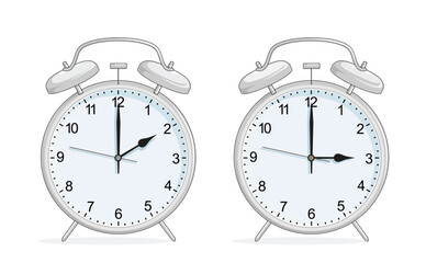 Zwei Wecker mit Zeitumstellung, folgt die Sommerzeit,
Vektor Illustration isoliert auf wei&szlig;em Hintergrund
