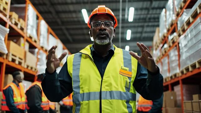 Warehouse Supervisor: A seasoned warehouse supervisor, clad in a safety vest and helmet, animatedly addresses the camera amidst rows of inventory shelves.