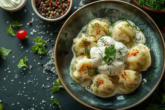 Lithuanian Cepelinai sliced gourmet potato dumplings with meat filling and sour