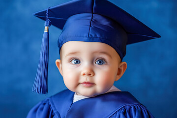 Close-up of a baby wearing a blue graduation cap and gown, against a blue textured background with soft lighting.