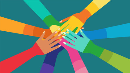 A rainbow of virtual hands holding each other up symbolizing the diverse community of support within the forum.. Vector illustration