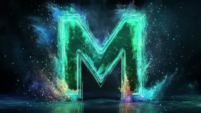 letter M with green neon art and powder explosion background
