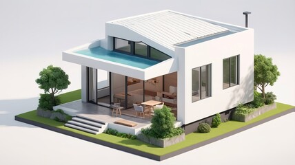 A small modern minimalist house isometric perspective,&nbsp;3D model miniature