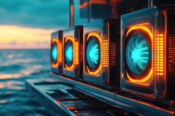 Futuristic server units with glowing orange and teal accents, situated outdoors near the ocean at sunset.