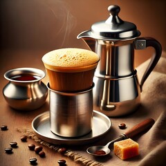 Hot Indian filter coffee served with metal pot