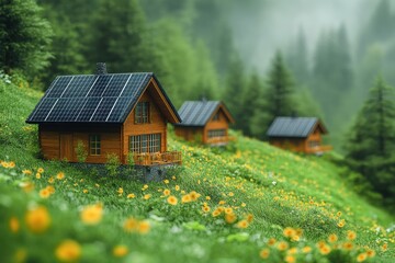 Fototapeta premium Eco-friendly wooden cabins with solar panels nestled in a vibrant green meadow, surrounded by a misty mountain forest. Perfect for sustainable living and renewable energy concepts.