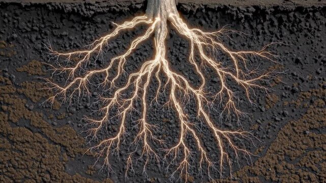 Root network spreading through dry earth, penetrating dark ground, absorbing critical nutrients, enabling desert plant survival under harsh landscape conditions