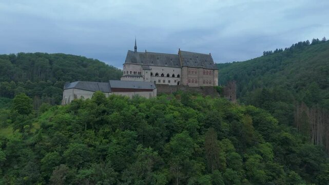 Flying towards the medieval caste in Vianden, Luxemburg
