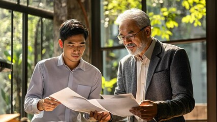 Analyzing a Contract: A moment of focus and collaboration. A younger professional and an older, more experienced colleague engage in a thorough review of documents. - Powered by Adobe