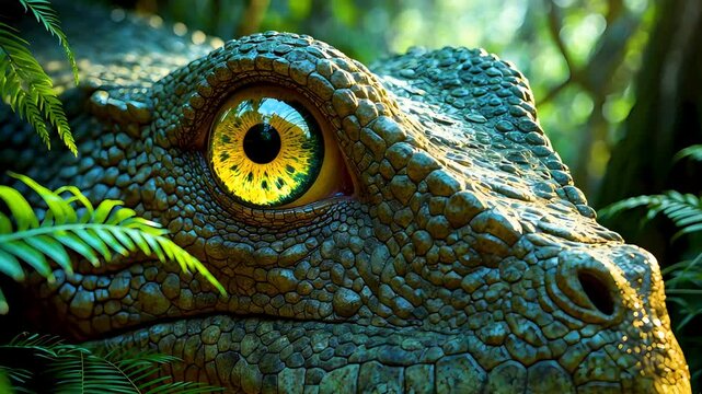 Close-up of lizard eye with textured green skin in tropical jungle environment