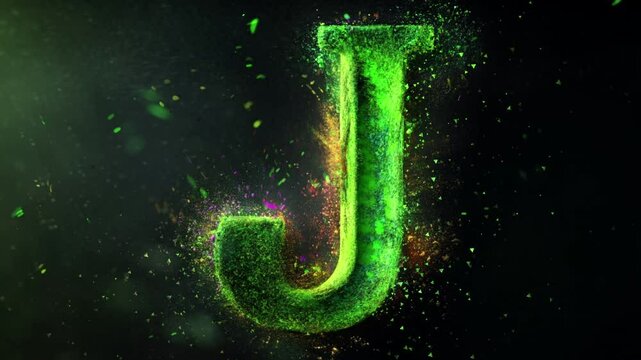 letter J with green neon art and powder explosion background