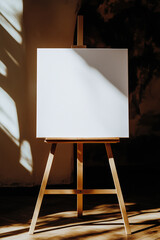 Close-up of a blank white canvas on a wooden easel, against a dark background with sunlight casting shadows.