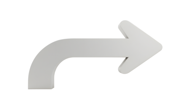 Gray Arrow Curving and Pointing Right on White Background Symbolizing Direction