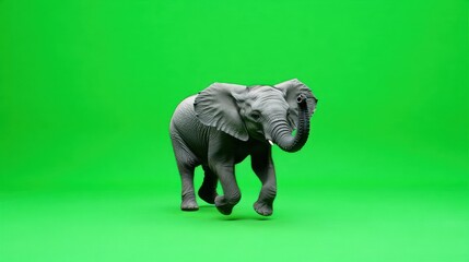 A gray elephant walks in front of a green screen background.