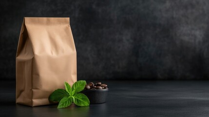 Beige coffee bag with fresh mint leaves and coffee beans