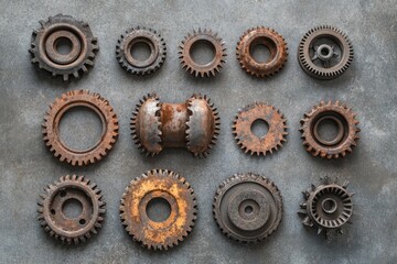 Collection of rusty metal gears arranged on a gray surface.
