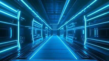 Obraz premium Futuristic Sci-Fi Corridor with Glowing Blue Neon Lights: An Abstract, Modern, and Technological Perspective for Visionary Design and Digital Art.