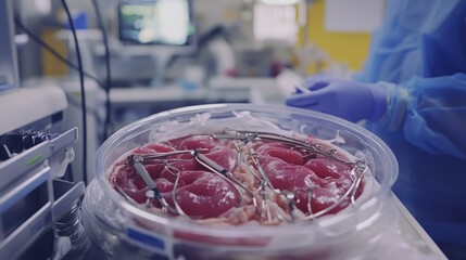 Close-up view of a preserved organ specimen in a medical setting.