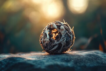 A sunlit, intricately woven sphere of dried plant material rests on a dark stone.