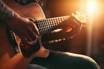 Fototapeta premium musician strumming guitar sunlit space