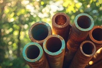Rusty metal pipes stacked outdoors, showing signs of age and wear against a blurred green background.