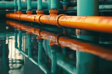 Rusty orange pipes reflecting in teal water, industrial setting.