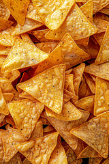 Close-up of a pile of nacho tortilla chips.