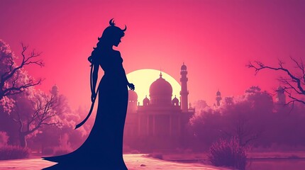Silhouetted Demon Woman at Sunset Mosque