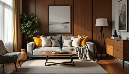 Stylish Boho Living Room Interior with Gray Sofa, Wooden Coffee Table, and Elegant Accessories