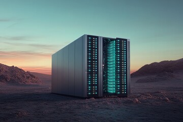 A futuristic server rack stands alone in a desolate desert landscape at sunset, showcasing advanced technology in a remote location.
