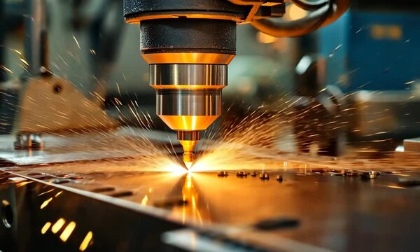 High Precision Laser Cutting Process with Sparking Effects in a Modern Industrial Workshop