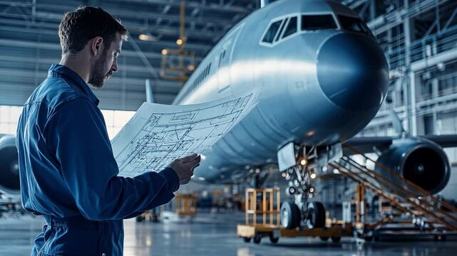 Engineering Precision: A skilled aircraft engineer meticulously reviews intricate blueprints, overseeing the aircraft's maintenance and construction with focused dedication.