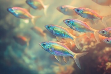 Fototapeta premium A school of iridescent fish swim gracefully in a softly lit aquarium, their scales shimmering with vibrant colors.