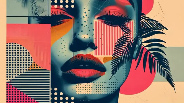 Abstract collage in the style of modern art, portrait of a young woman with flowers and geometric elements, for posts on social networks, covers, banners, video presentations. Generative 4k video
