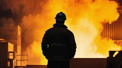Steelworker's Gaze: A silhouette of a steelworker in protective gear stands before a fiery furnace in an industrial setting, evoking the heat and power of industry. 