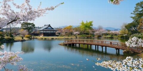 Serene landscape featuring cherry blossoms, a pond, and a traditional building.
