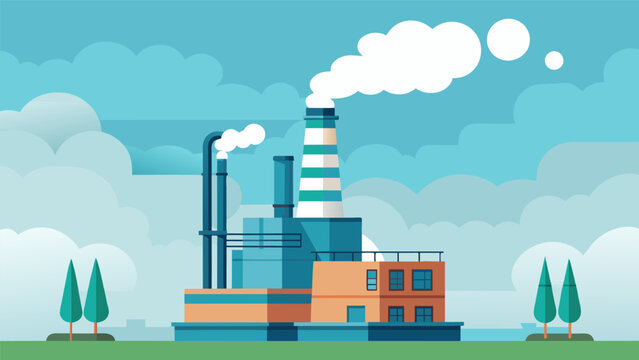 A towering exhaust stack at a paper mill releases steam into the sky as heat recovery steam generators convert waste heat from the pulp digester into. Vector illustration