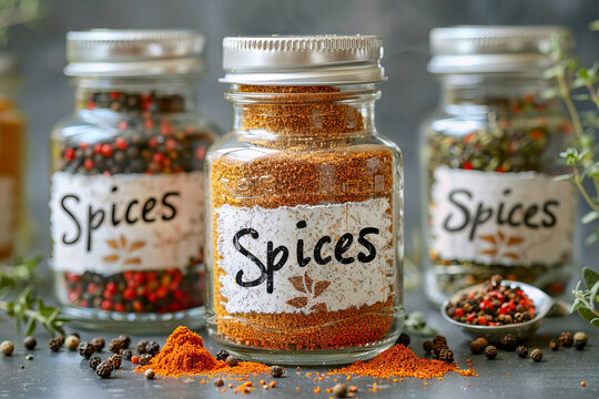 Assorted spices are stored in clear glass jars with rustic handwritten labels, surrounded by scattered herbs and peppercorns.