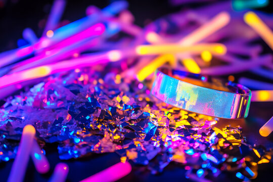 A shiny bracelet reflects vivid neon lights, surrounded by glowing sticks and sparkling confetti at a party.