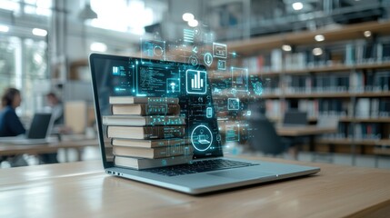 A laptop computer situated on a desk in a modern library environment showcasing a digital interface with various data visualization elements symbolizing the intersection of technology information