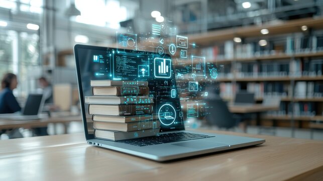 A laptop computer situated on a desk in a modern library environment showcasing a digital interface with various data visualization elements symbolizing the intersection of technology information