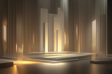 A modern, minimalistic stage design with illuminated vertical elements creating a sleek and abstract aesthetic.
